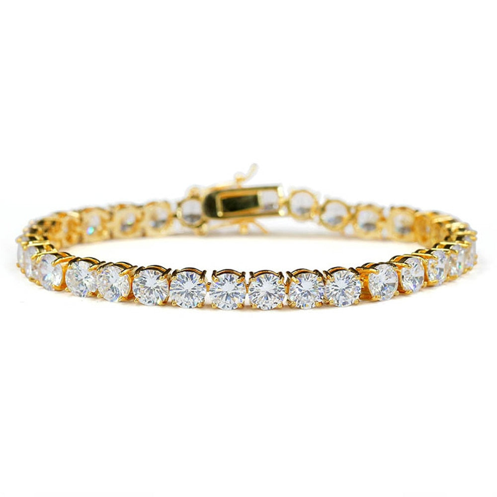 Brass tennis bracelet with AAA CZ stones, gold color, one row design.