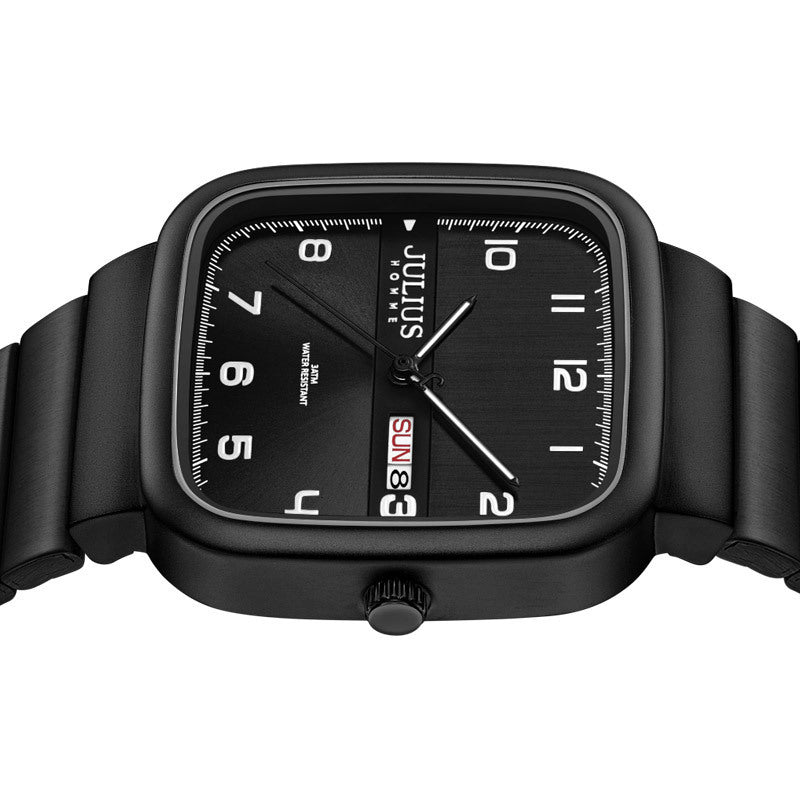 Casual business watch with black dial and stainless steel strap.