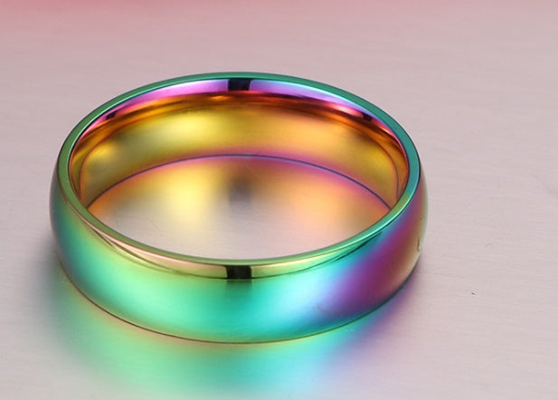 Stainless steel rainbow ring with vibrant multicolour finish, corrosion-resistant, eco-friendly jewelry.