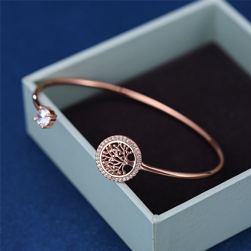 Dainty Female White Zircon Stone Bracelet Tree Of Life Adjustable Bracelets For Women Cute Rose Gold Wedding Bracelet