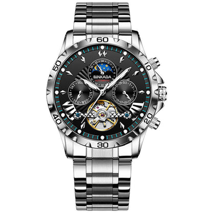 Full-automatic waterproof luminous mechanical watch with steel belt and black dial.