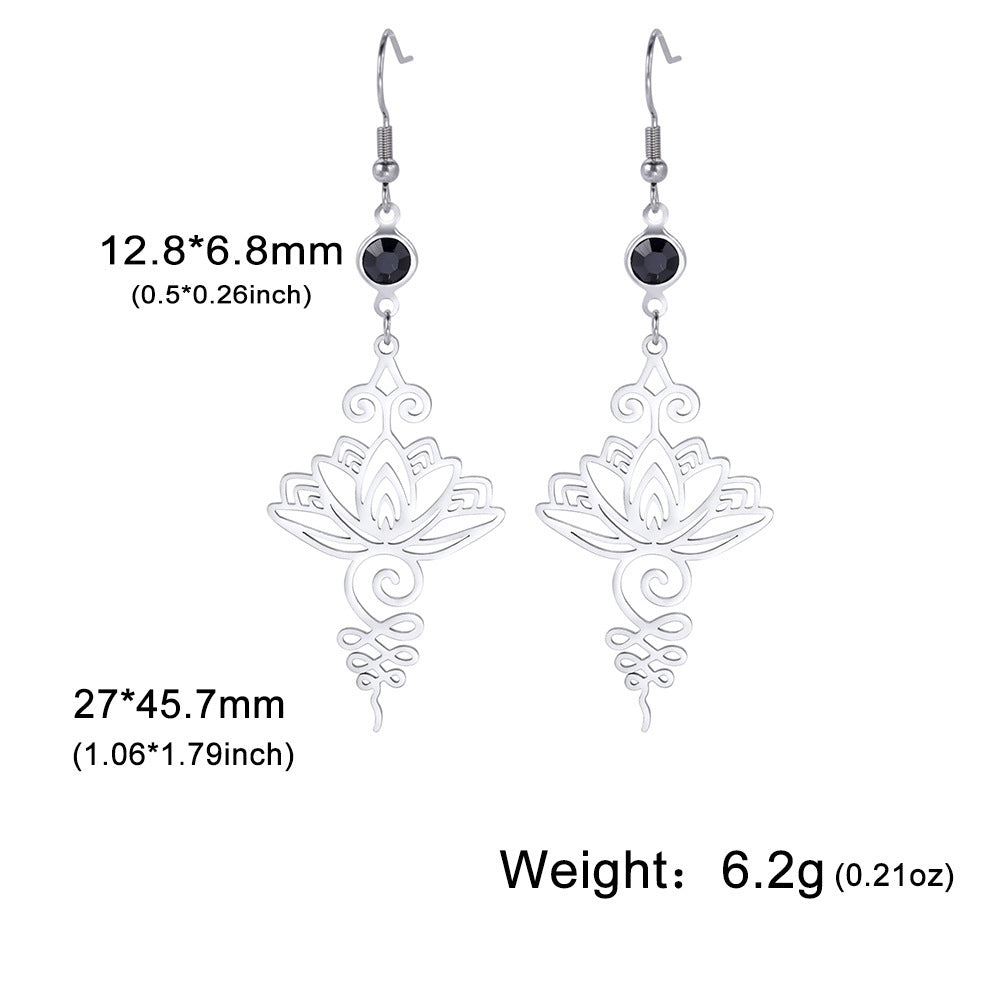 Hollow Lotus Black Crystal Stainless Steel Earrings