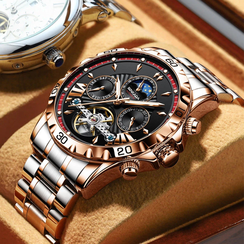 Full-automatic waterproof luminous mechanical watch with rose gold and steel finish.