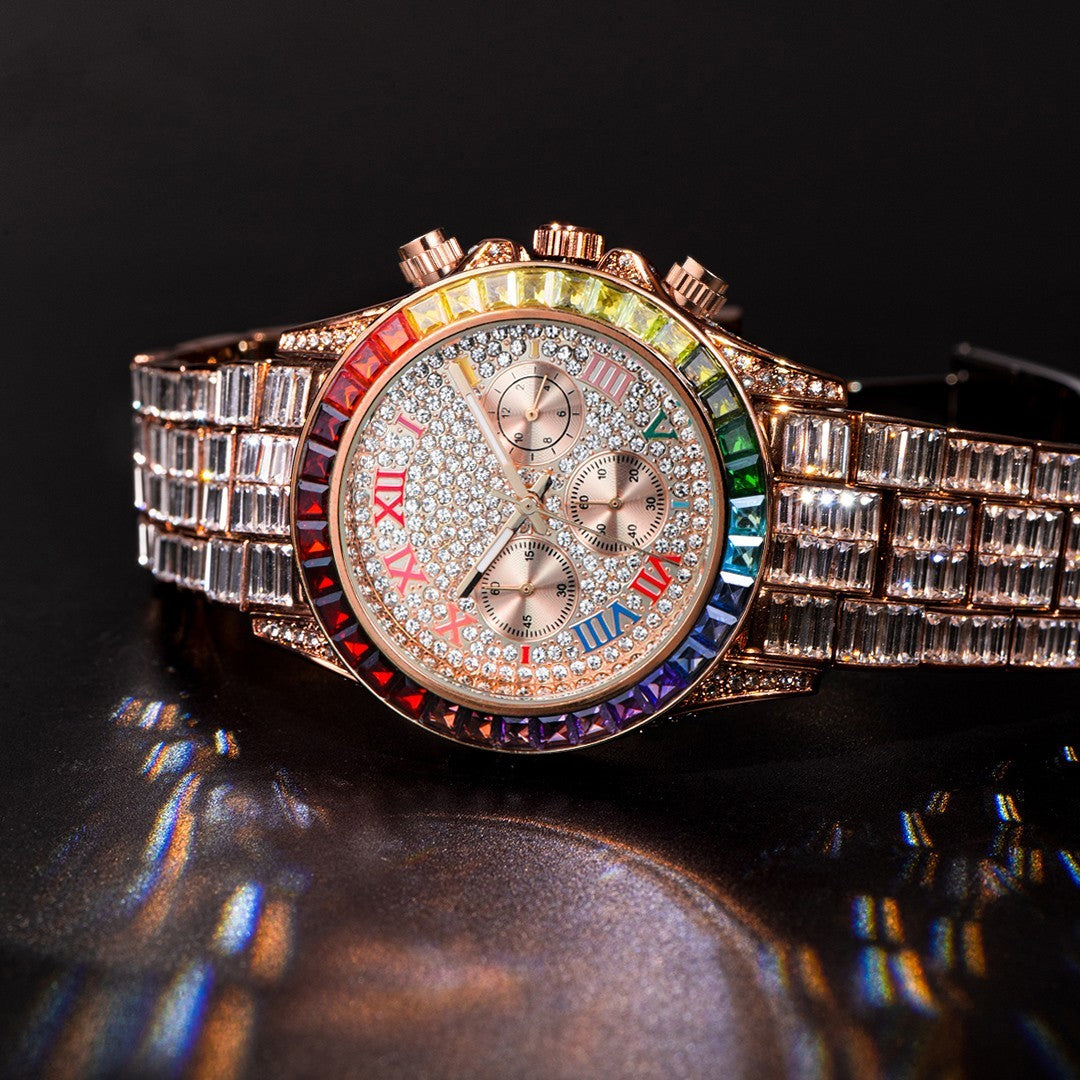 Eyes Rainbow Diamond Quartz Watch with circular dial, featuring chronometer and calendar.