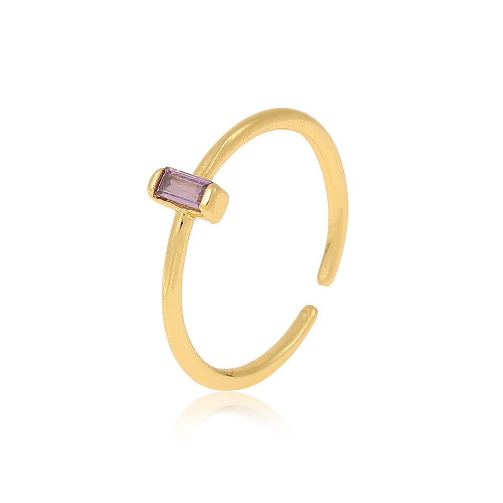 Copper Micro Inlay Simple Design Rectangular Multi-color Zircon Ring