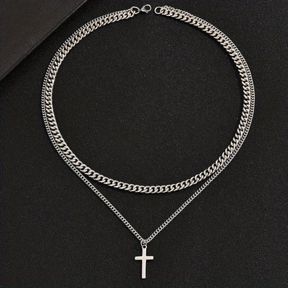 Titanium Steel Double Layer Cross Pendant Necklace