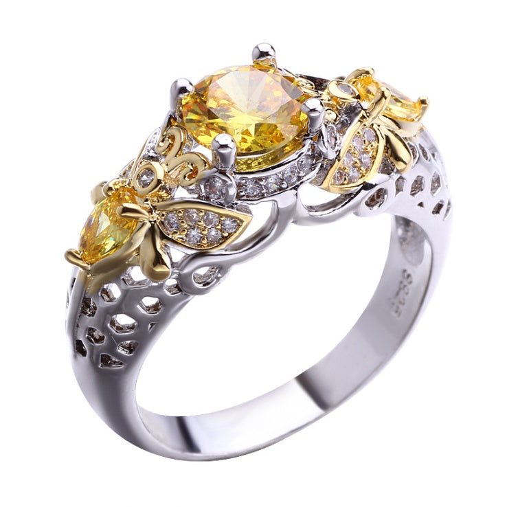 Alloy geometric zircon ring with intricate detailing yellow stone