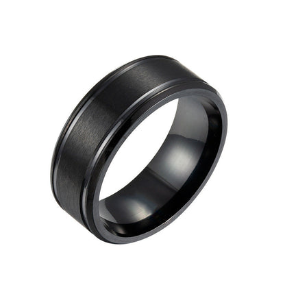 Mens wedding ring in black stainless steel, geometric design, 8MM width.