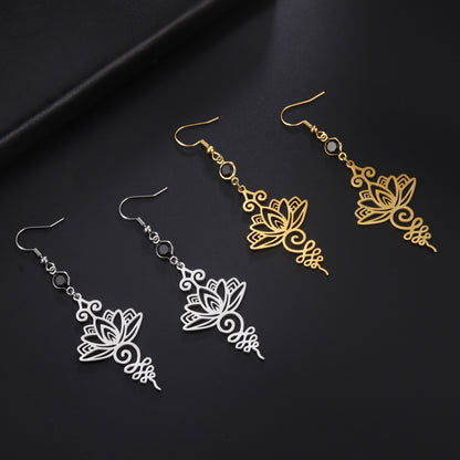 Hollow Lotus Black Crystal Stainless Steel Earrings