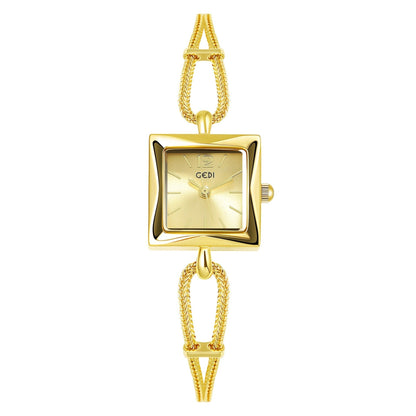 High-grade antique style alloy bracelet watch with small square plate and gold strap.