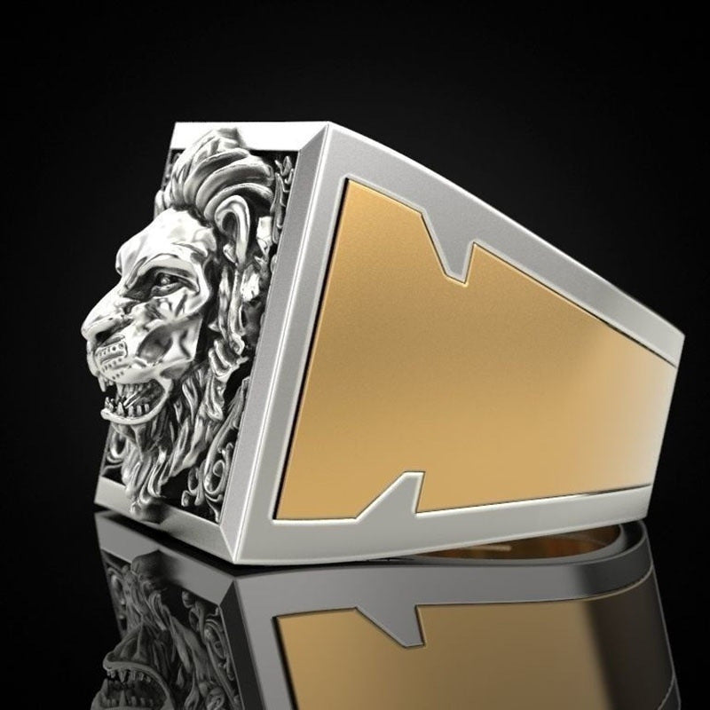 Vintage lion ring with intricate engravings in unisex style.