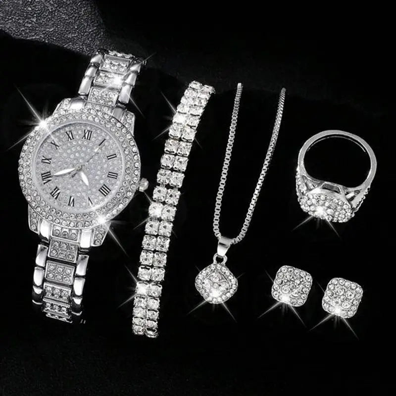 Diamond Fashion Roman Quartz Watch five-piece set with bracelet, necklace, earrings, and ring.