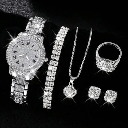 Diamond Fashion Roman Quartz Watch five-piece set with bracelet, necklace, earrings, and ring.