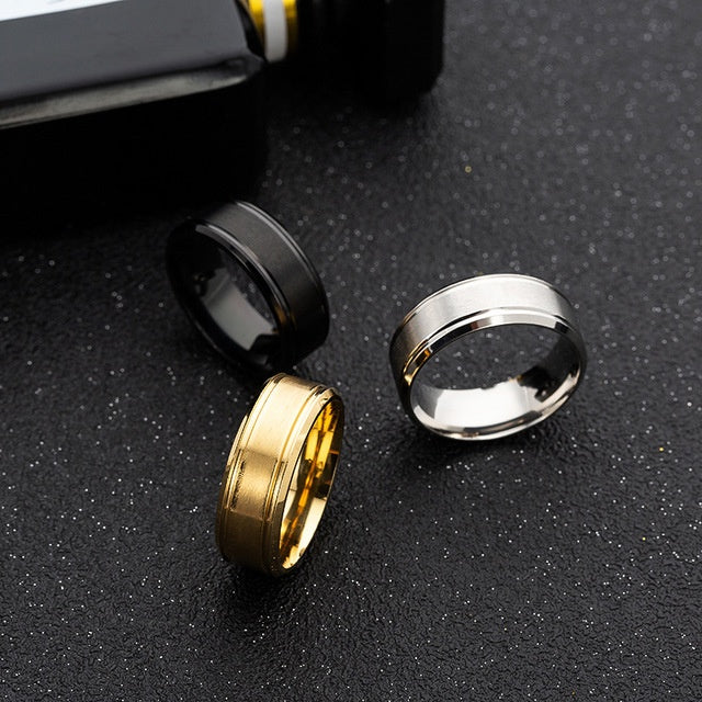 Mens wedding rings in black, silver, and gold, 8MM, stainless steel, geometric design.