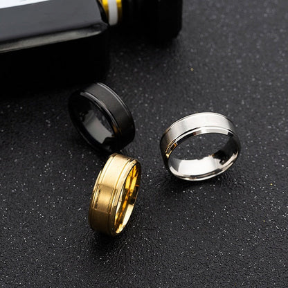 Mens wedding rings in black, silver, and gold, 8MM, stainless steel, geometric design.