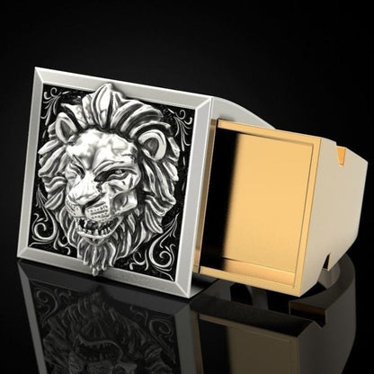 Vintage lion ring with intricate engraving, unisex style, black and gold design.