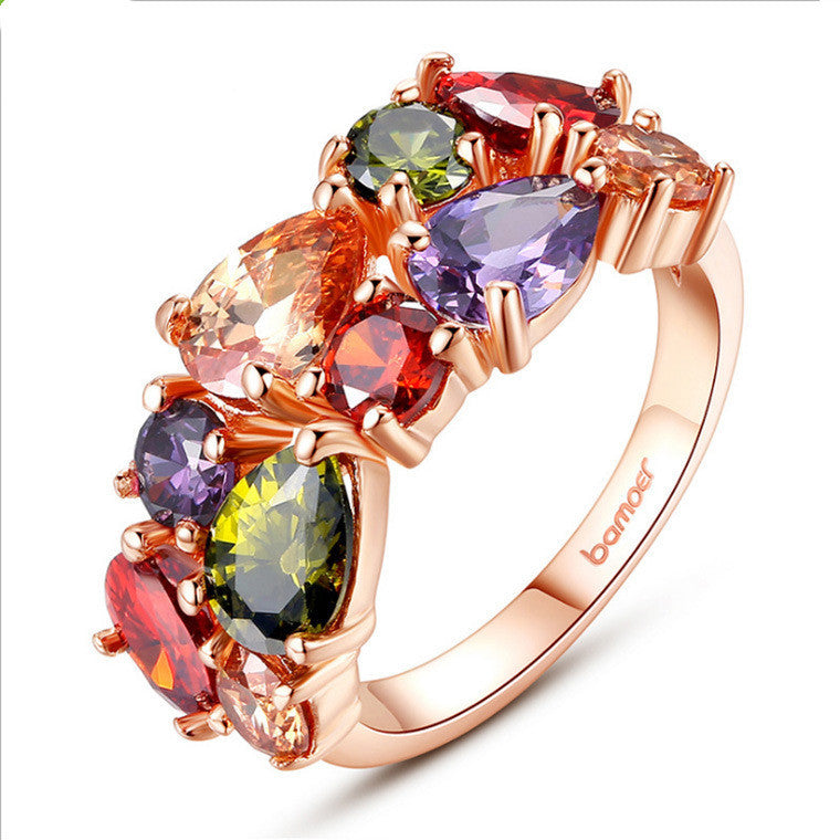 Colorful zircon ring with 18k gold plating and copper base