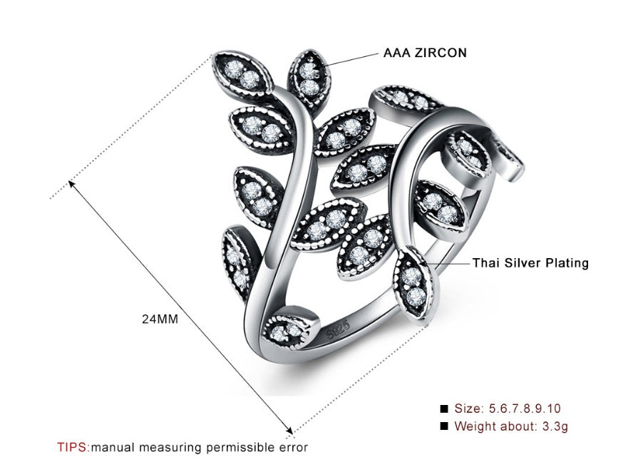 Life Rings Black Vintage Ring with tree design, AAA zircon, Thai silver plating.