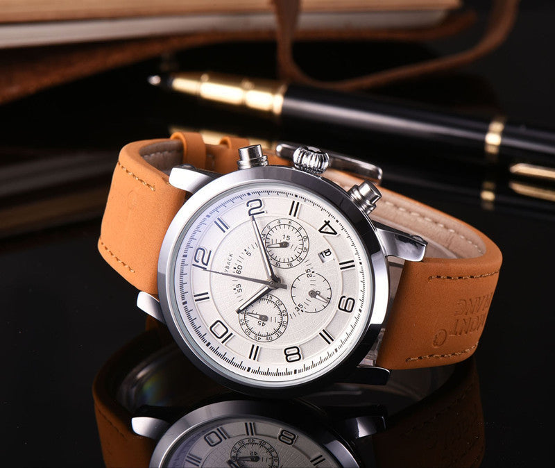 6-pin quartz watch with leather strap and mineral glass mirror.