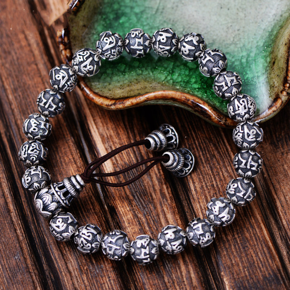 Buddhism Mantra Bracelet Solid 999 Fine Silver Buddha Beads Bracelet for Unisex Vintage Jewelry Stretching 17-22cm