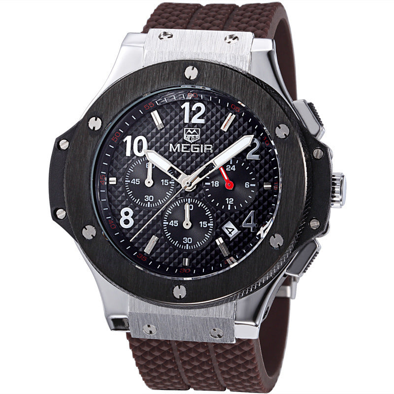 Megir chronograph watch with quartz movement, silicone strap, 35mm diameter, 17mm thick, 3ATM waterproof.