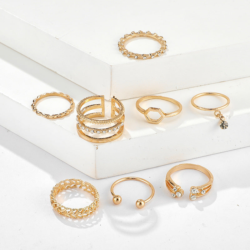 Elegant diamond set of 8 geometric rings, alloy material, European and American style.