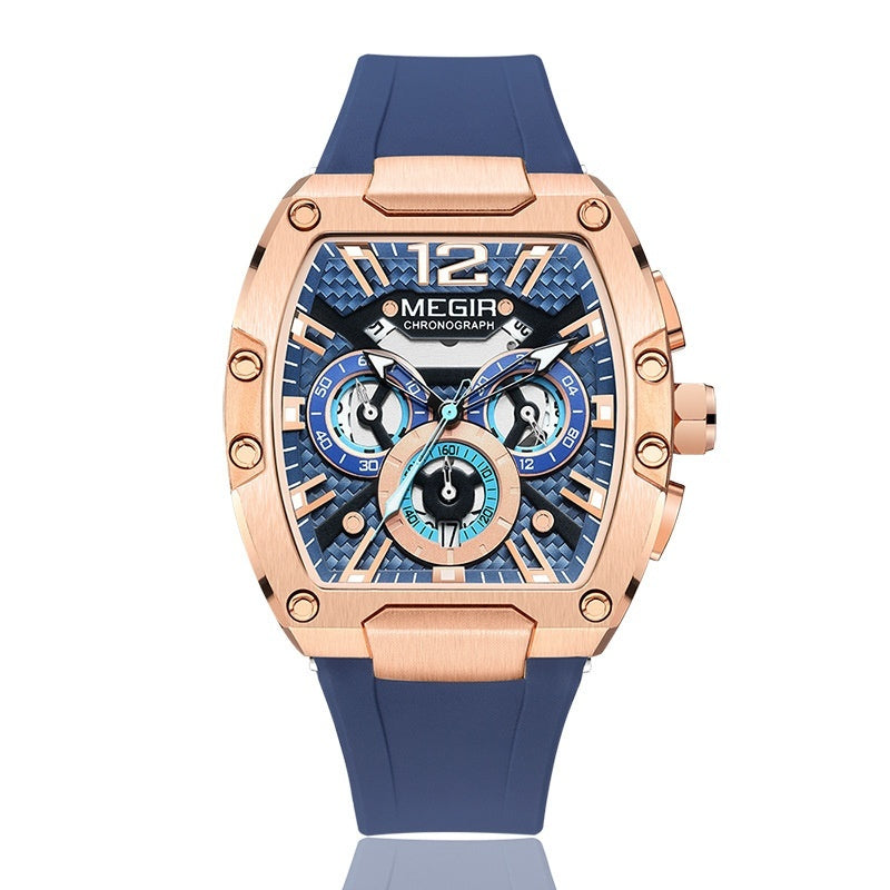 Megia luminous watch with rose gold case and blue silicone strap.