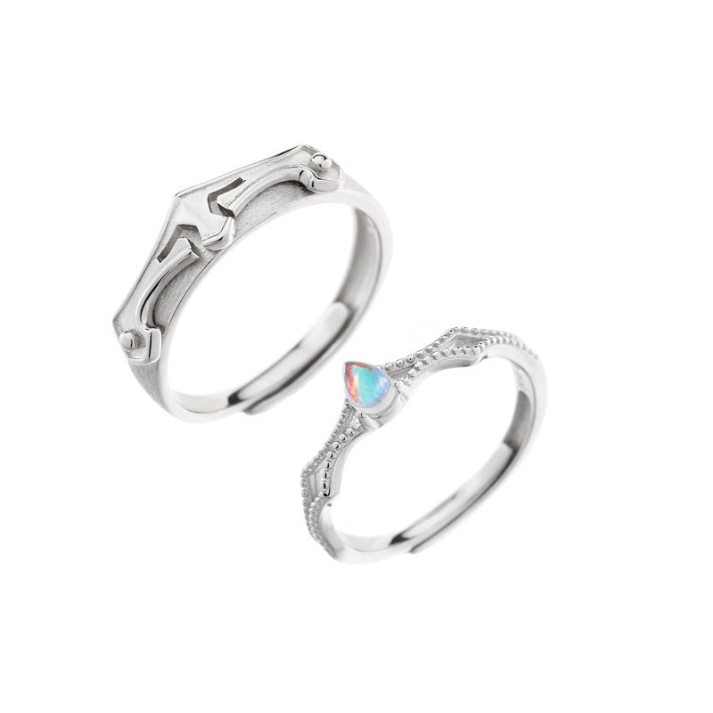 Retro style S925 silver princess and knight couple rings with moonstone.