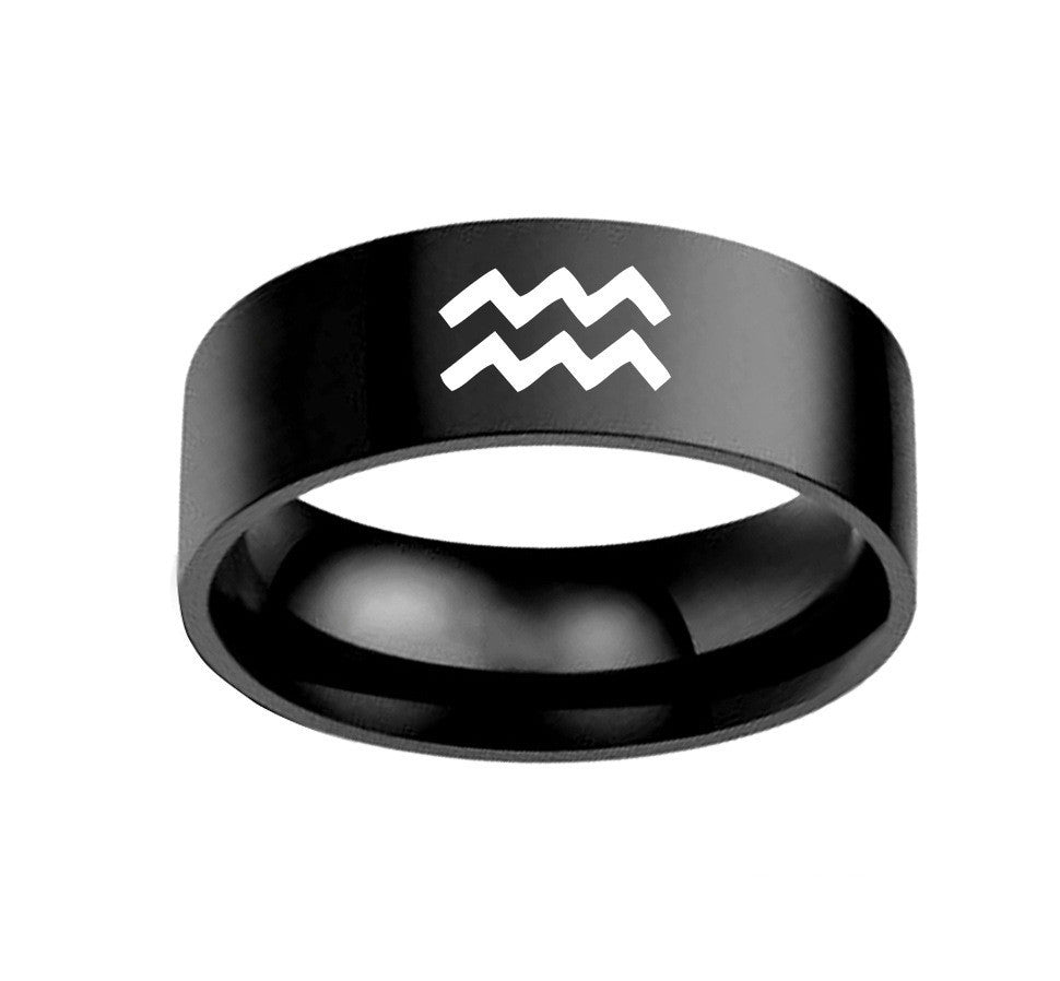 Twelve constellation ring in black stainless steel with Aquarius symbol.