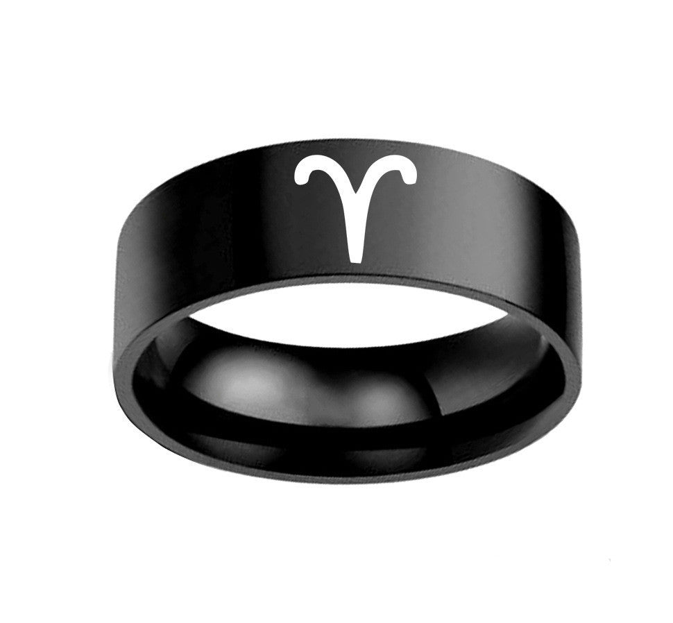 Stainless steel constellation ring for men and women featuring Aries symbol, 8MM wide.