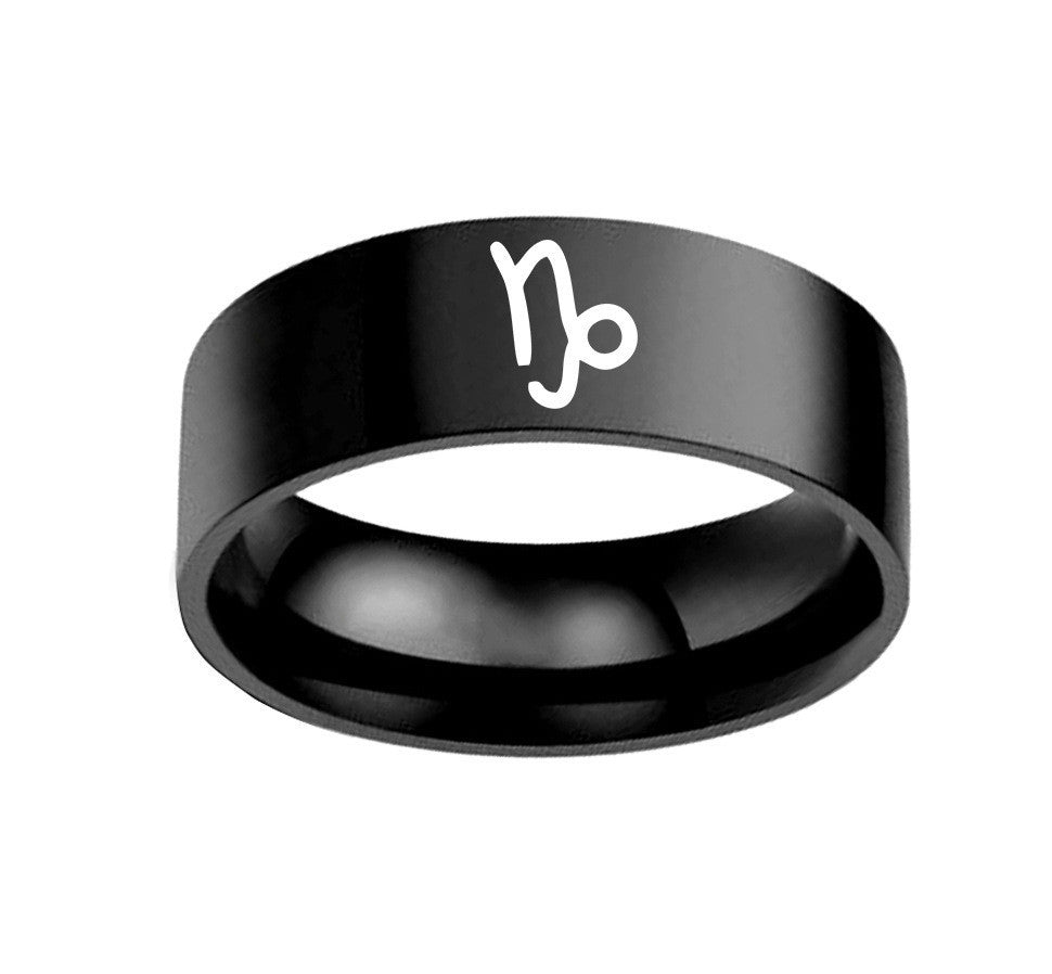 Twelve Constellation ring in black stainless steel with zodiac symbol design.