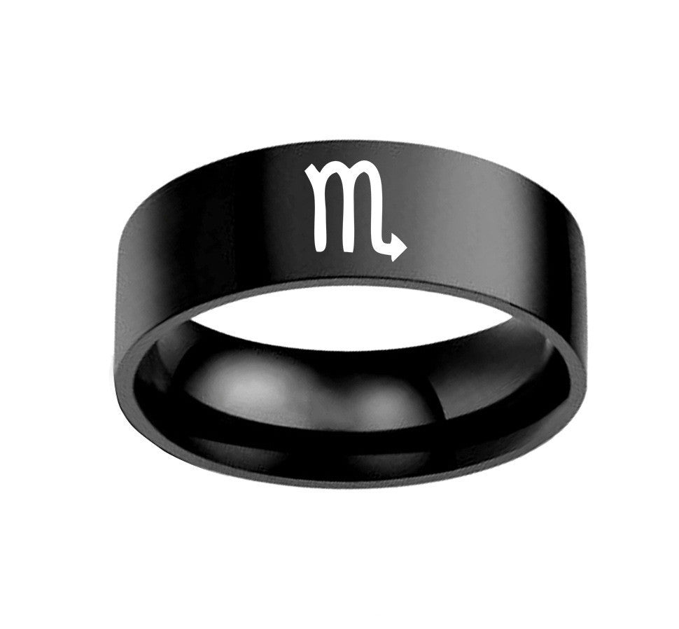 Twelve Constellation Ring, stainless steel, Scorpio symbol, unisex, 8mm width.