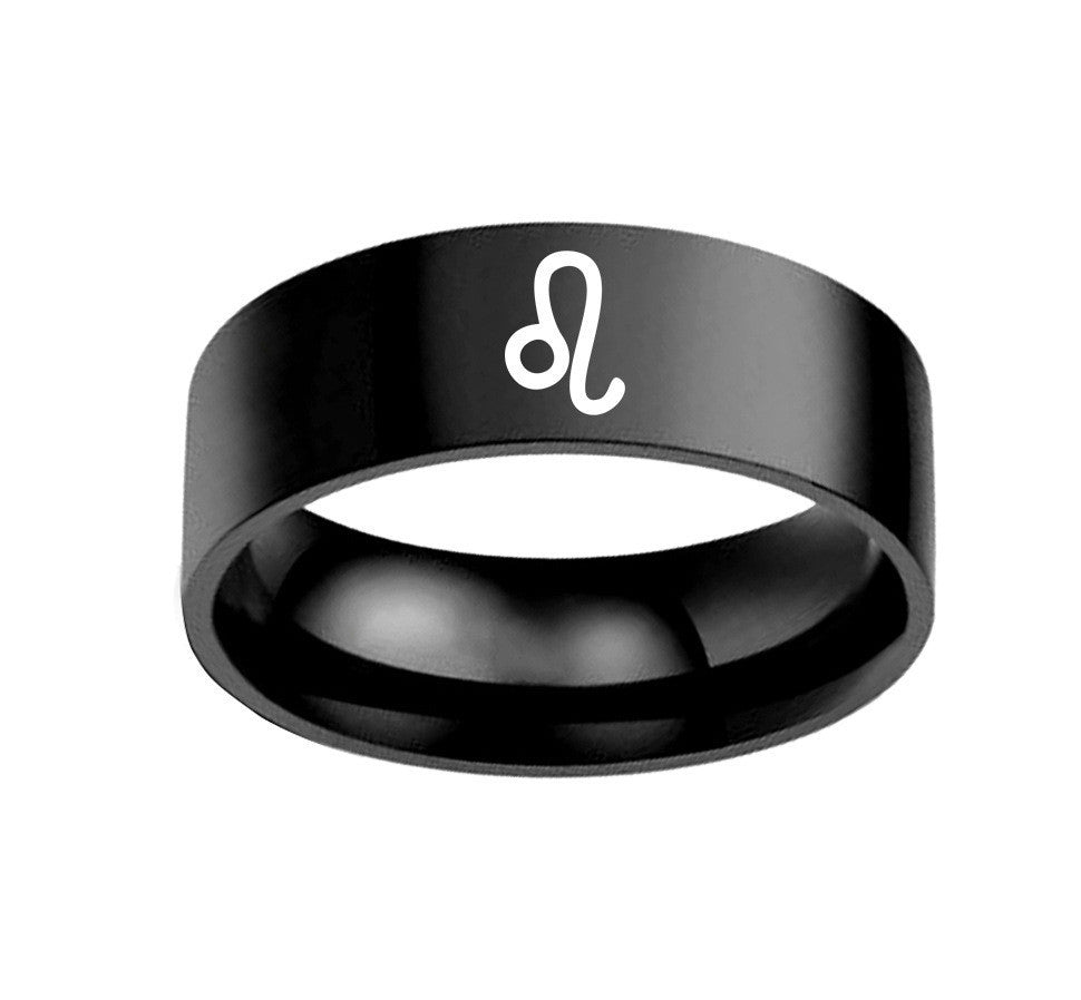 Twelve Constellation Ring in stainless steel, 8MM wide with zodiac symbol, suitable for both males and females.