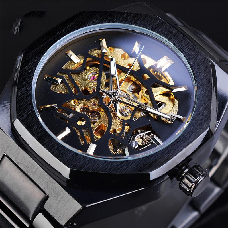 Fusini Automatic Mechanical Watch with black and gold openwork dial, stainless steel strap.