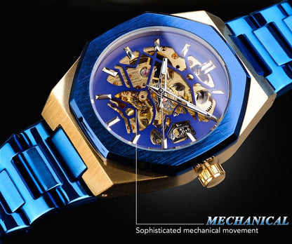 Fusini Automatic Mechanical Watch with luminous gold movement and blue accents.