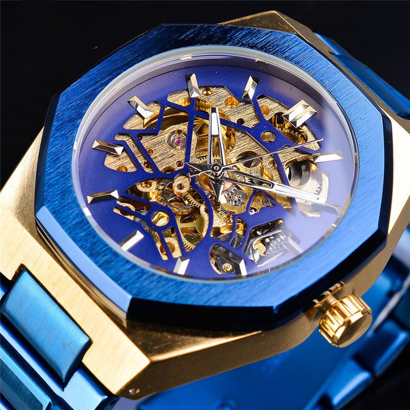 Fusini Automatic Mechanical Watch with blue and gold design, stainless steel strap, and skeleton dial.