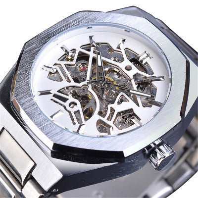 Fusini Automatic Mechanical Watch with stainless steel case and skeleton dial, business style.