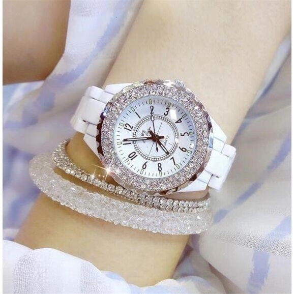 Ladies automatic white ceramic mechanical watch set with bracelet.