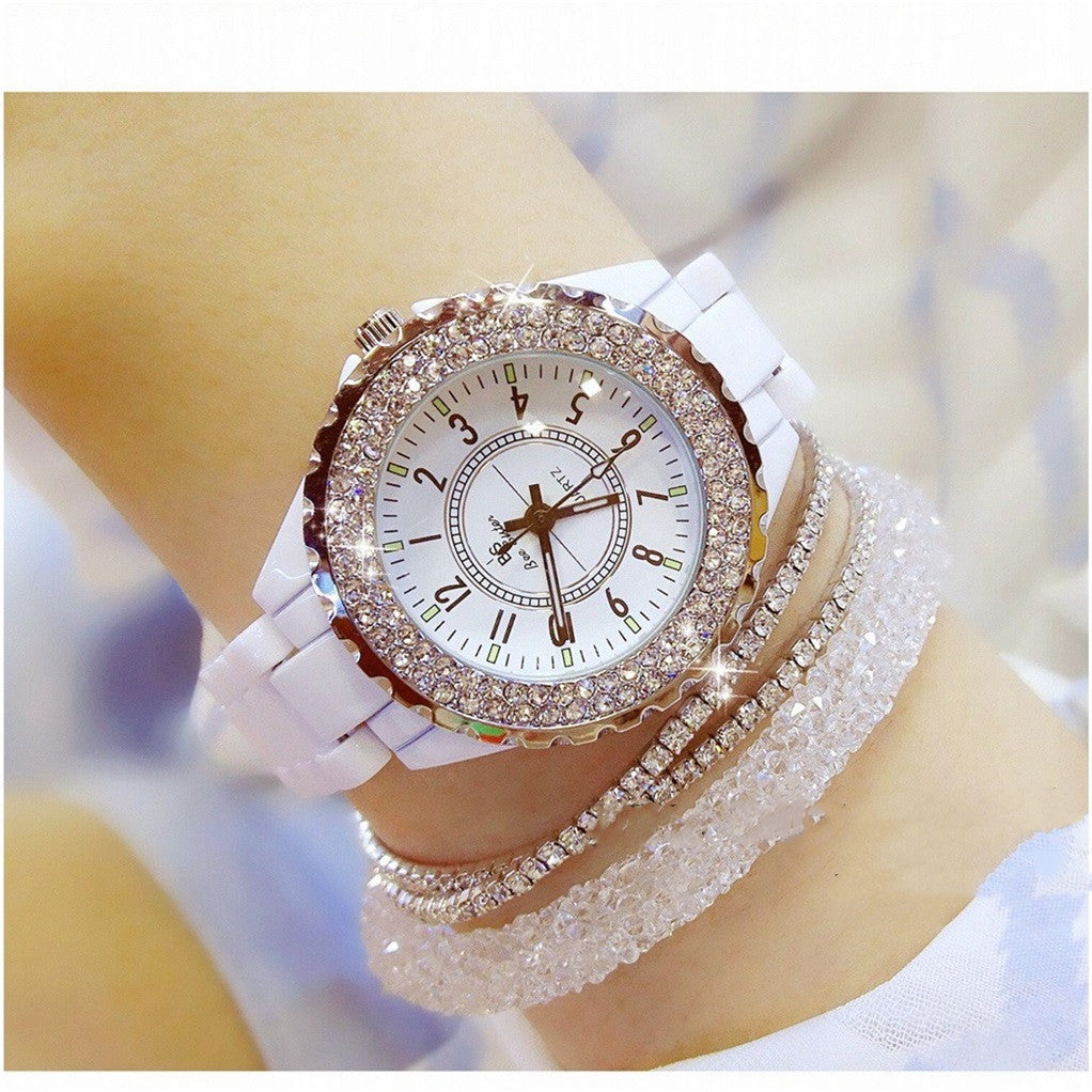 Mechanical watch for ladies, featuring a white ceramic design and sparkling bracelet.