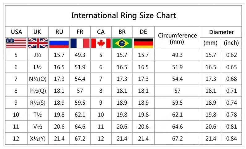 International ring size chart for USA, UK, RU, FR, CA, BR, DE with circumference and diameter measurements.