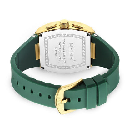 Megia luminous watch with gold case and green silicone strap, showcasing stainless steel back.