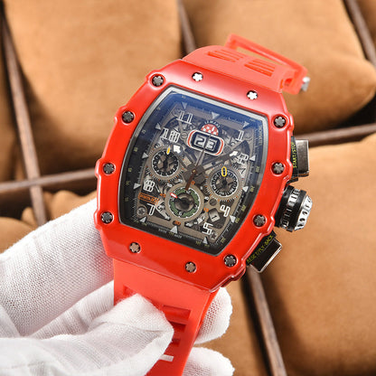 Red three-plate craft watch with quartz movement and PU strap.