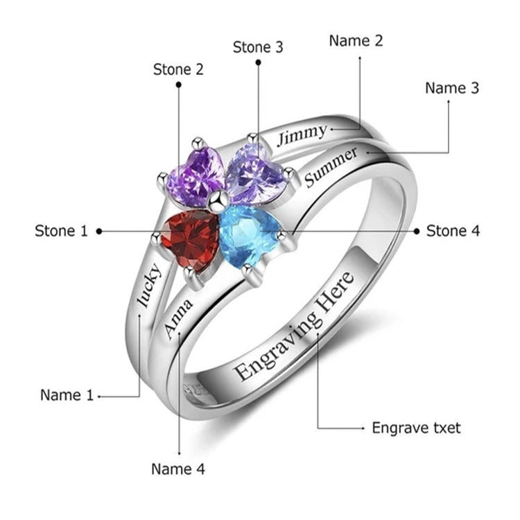 Silver lovers rings with colorful stones and engraved names, unisex and electroplated, made of 925 silver.