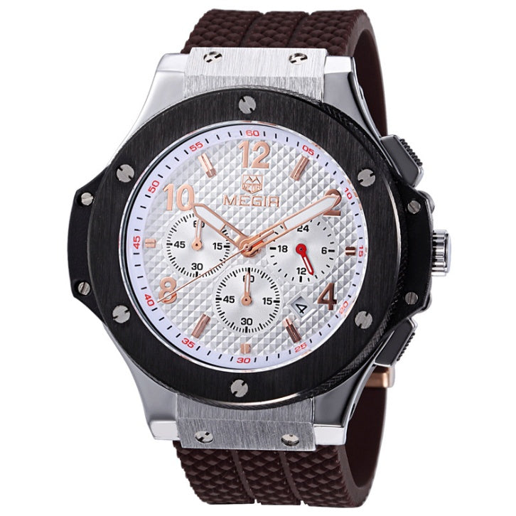 Megir chronograph watch with quartz movement, silicone strap, 35mm diameter, waterproof 3ATM.