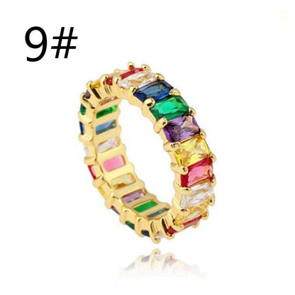 Seven colored zircon rings with metal plating and gemstone mosaic.