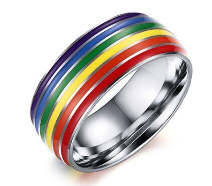 Colorful titanium steel stainless ring with rainbow stripes, durable and rust-resistant.