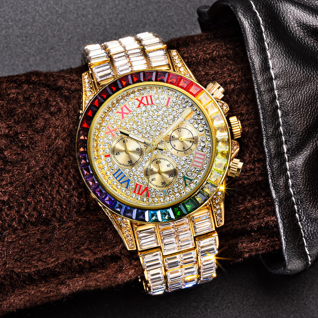 Three Eyes Rainbow Diamond Quartz Watch with gold dial and colorful accents.