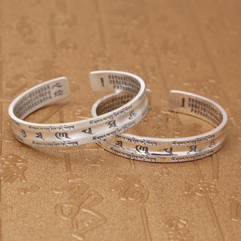 Couple Opening Bangle 100% S999 sterling silver Women Men Smooth Scrub Buddha Scripture Mantra Bracelet Bangle jewelry