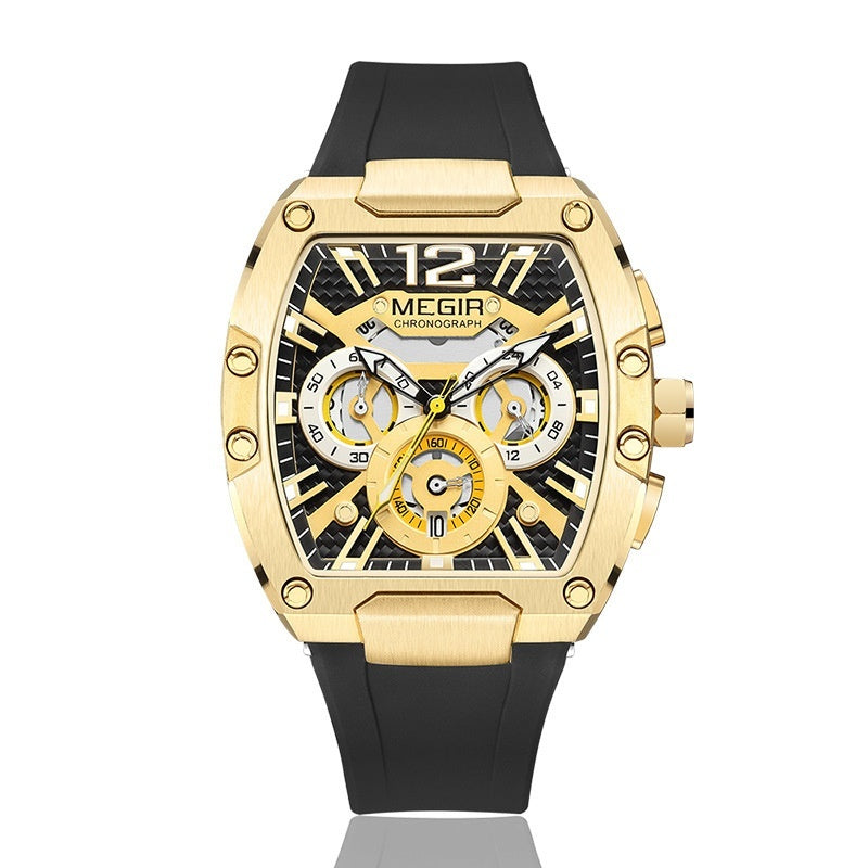 Megia luminous watch with gold case, black silicone band, and quartz movement.