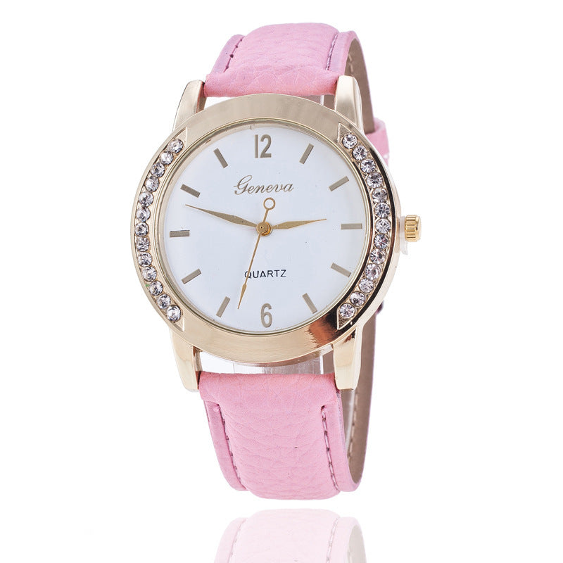 Geneva diamond quartz watch for women with pink imitation leather strap and alloy case.